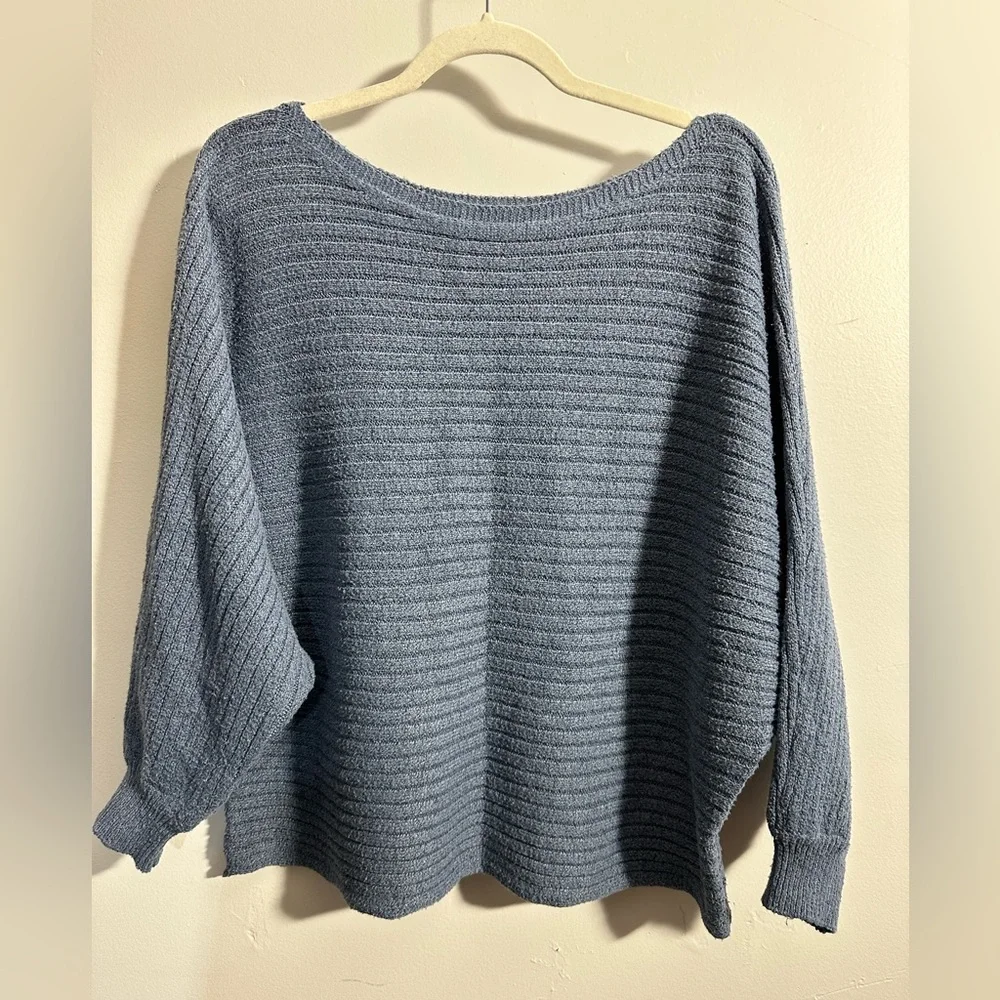 SHEIN Curve Women's 1XL Batwing Ribbed Blue Long Sleeve Sweater | SKU 0755